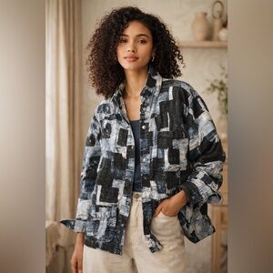 J55. Abstract Patterned Denim Cargo Jacket